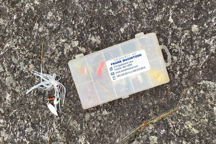 Premium vinyl address label on a fishing tackle box: Customized label with owner's address, ensuring easy identification and safe return of the tackle box, ideal for fishing enthusiasts.