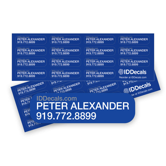 Premium vinyl identification sticker 30 pack with customizable text, featuring two lines of personalized information.