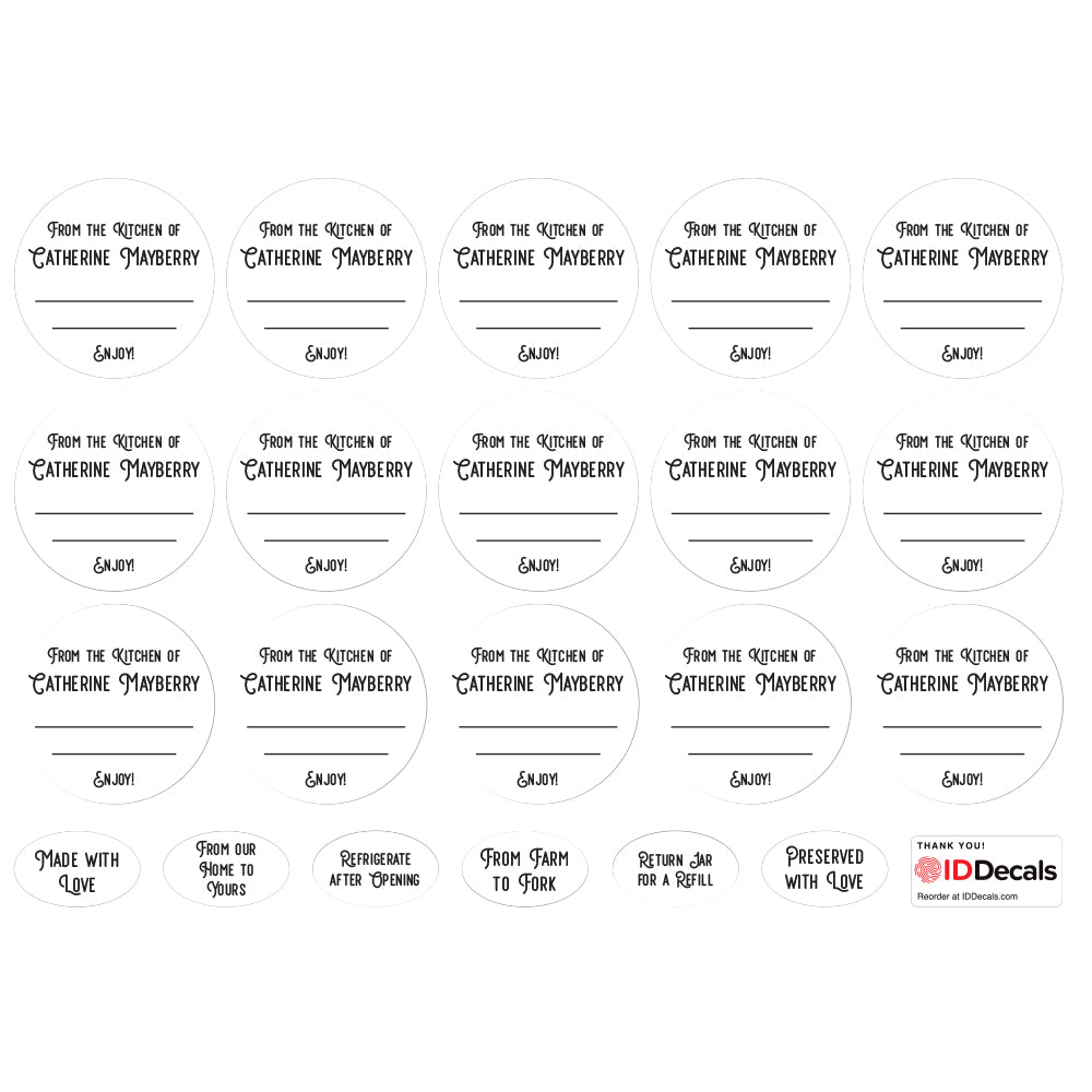 Sheet of 30 personalized mason jar labels made of premium adhesive vinyl