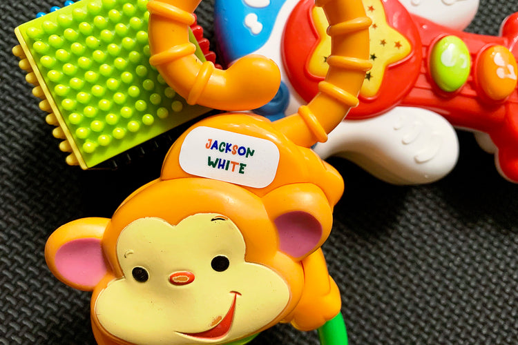Vinyl identification sticker on a child's toy: Customizable label with child's name and contact details, ensuring easy recognition and safe ownership of the toy.