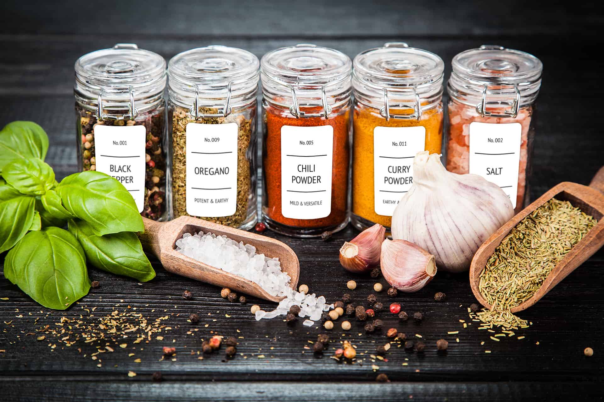 Modern style, vinyl spice bottle labels in a kitchen setting: Sleek and stylish labels on spice bottles, adding a contemporary touch to the kitchen decor while enabling easy identification of various spices.