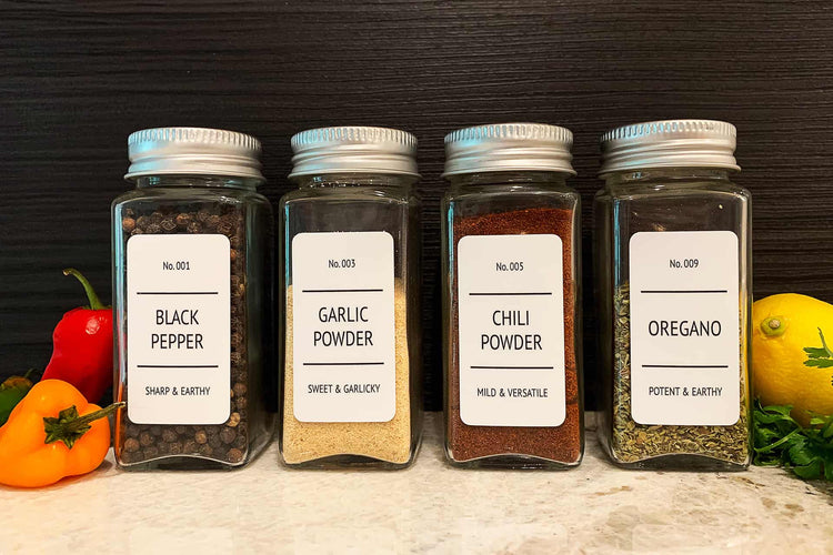 Modern style, vinyl spice bottle labels in a kitchen setting: Sleek and stylish labels on spice bottles, adding a contemporary touch to the kitchen decor while enabling easy identification of various spices.