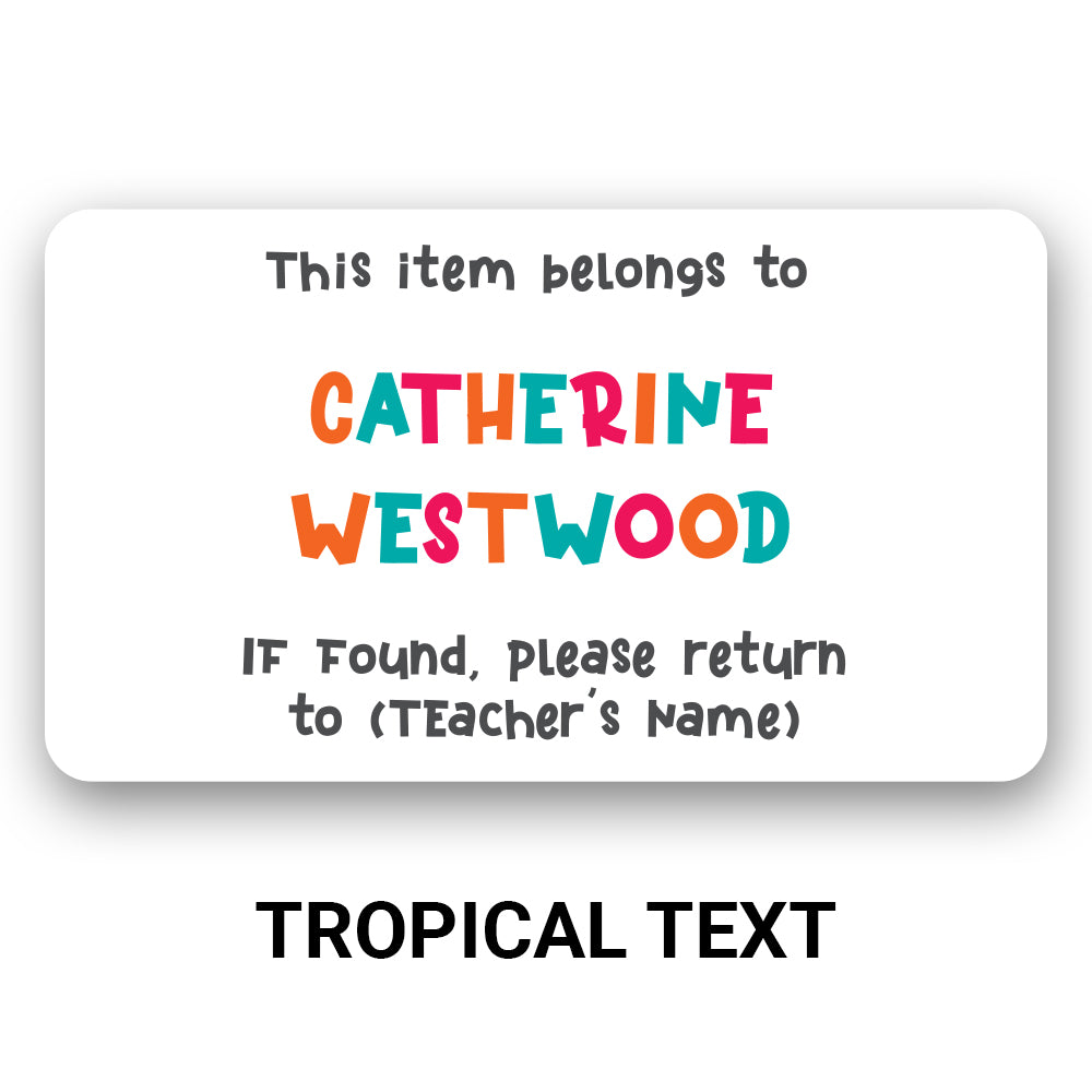 Personalized name decal shown in tropical text colorway.