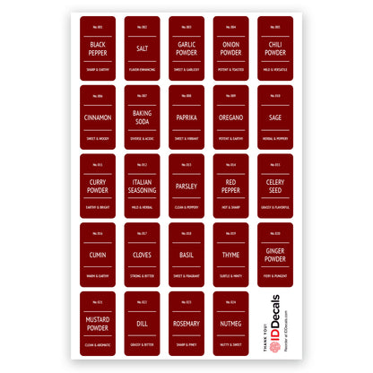 Modern Spice Jar Labels: Premium Vinyl, Burgundy Color Option - 24-Piece Set for Elegant Organization and Customization