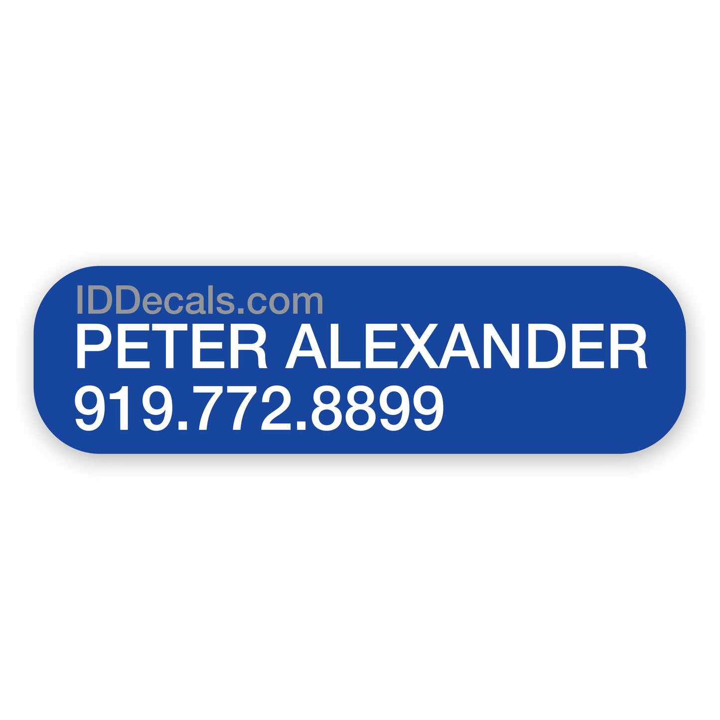Premium vinyl identification sticker with customizable text, featuring two lines of personalized information - white text on colored background.