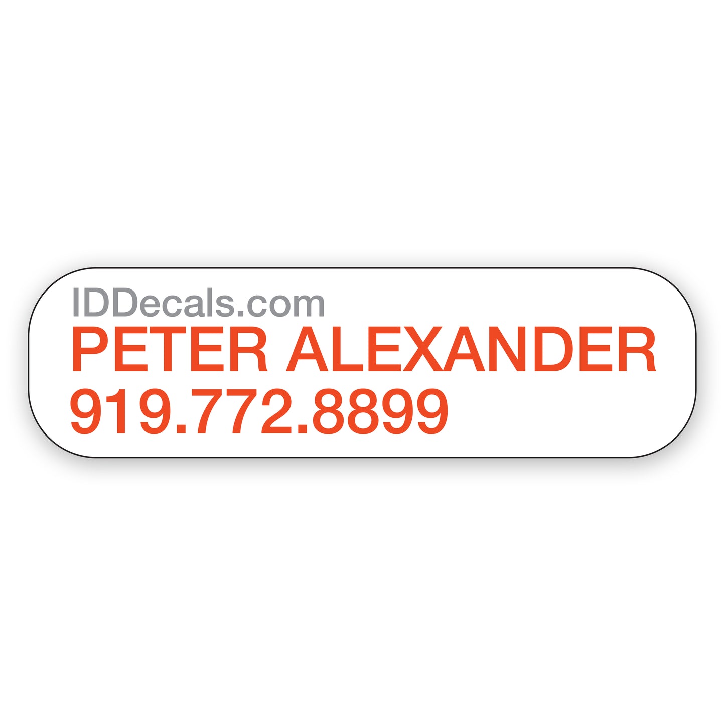 Premium vinyl identification sticker with customizable text, featuring two lines of personalized information - colored text on white background..