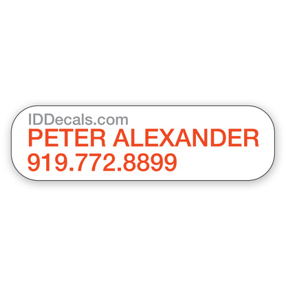 Premium vinyl identification sticker with customizable text, featuring two lines of personalized information - colored text on white background..